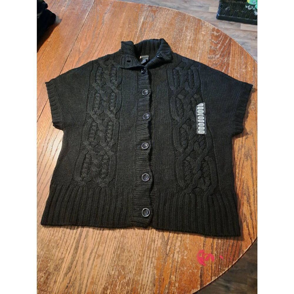 New Lauren Hansen Womens Size Large Black Button Front Knit Cable Sweater NWT